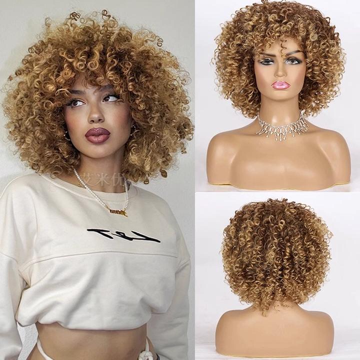 黑人假发短卷发饰女黑棕色Short kinky curly wigs外贸玉米烫头套