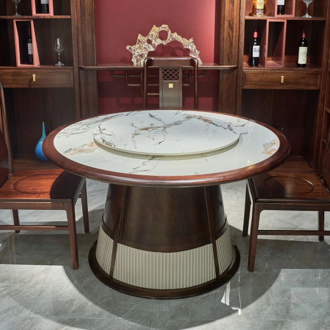 新中式乌金木实木岩板餐桌椅组合圆形家用现代轻奢