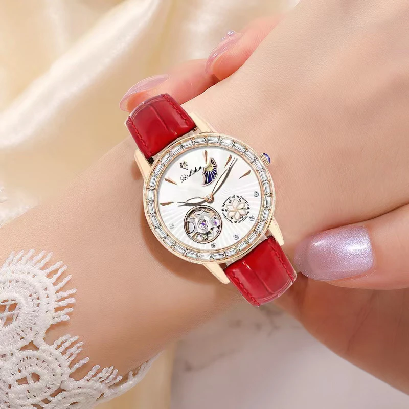 气质时尚双机芯牛皮表带机械全自动手表女款轻奢高定低调奢华款