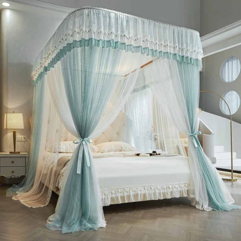 新款U型轨道滑轮导轨蚊帐双层纱加密公主风宫廷落地家用卧室床幔4