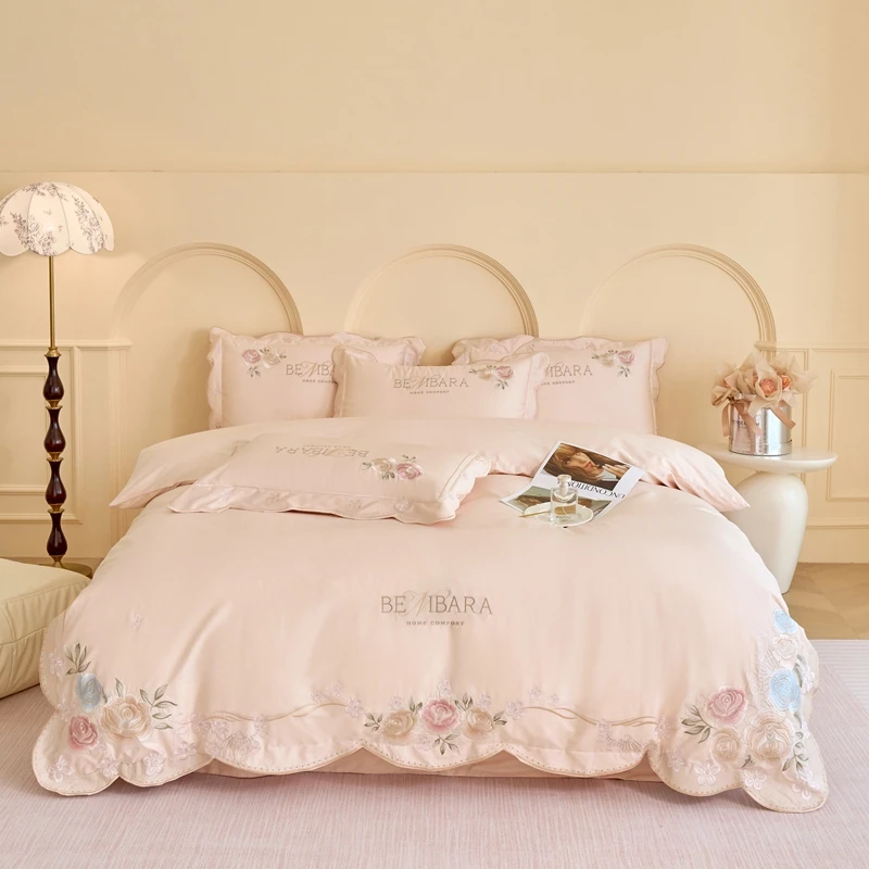 轻奢全棉床上四件套纯棉刺绣粉色被套刺绣可爱婚庆陪嫁床品四季款