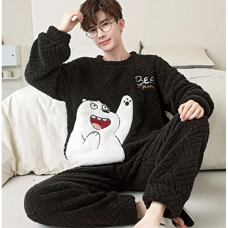 男士睡衣秋冬季珊瑚绒加厚加绒法兰绒卡通青年可爱大码家居服套装
