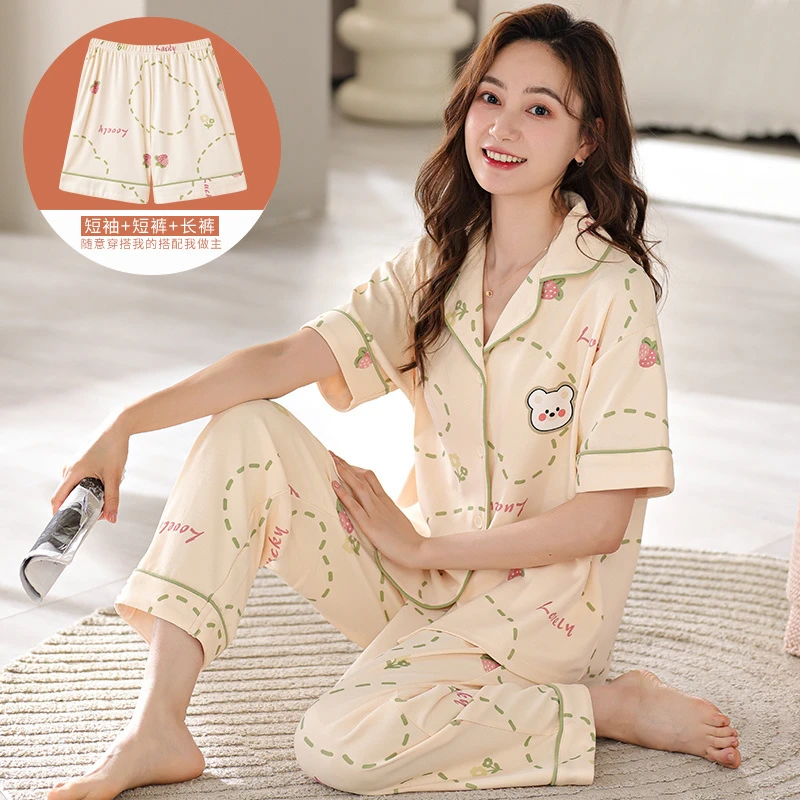 【拍一发三】2023新款女士纯棉草莓幸运熊开衫短袖睡衣套装38308