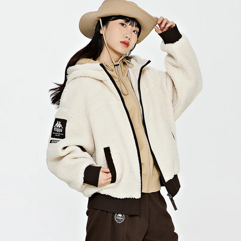 卡帕kappa羊羔绒2024连帽运动卫衣撞色休闲长袖防寒外套K0D82MK70