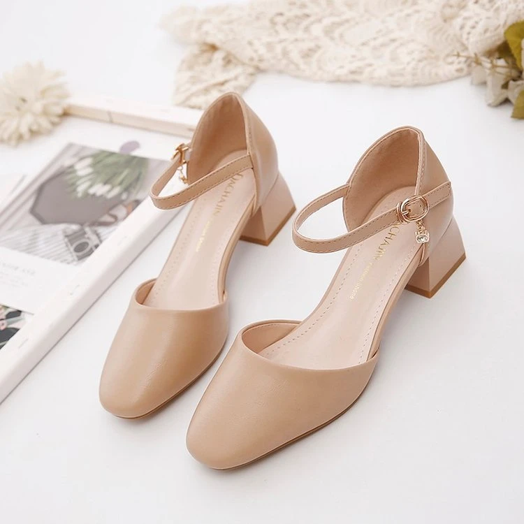 夏季新款橡胶一字式扣带中跟(3-5cm)方跟凉鞋包头超细纤维