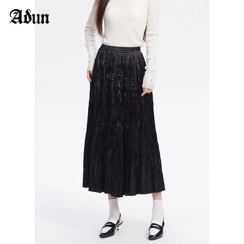 【商场同款】Abun2024秋季新款松紧高腰褶皱纯色半身裙时尚复古