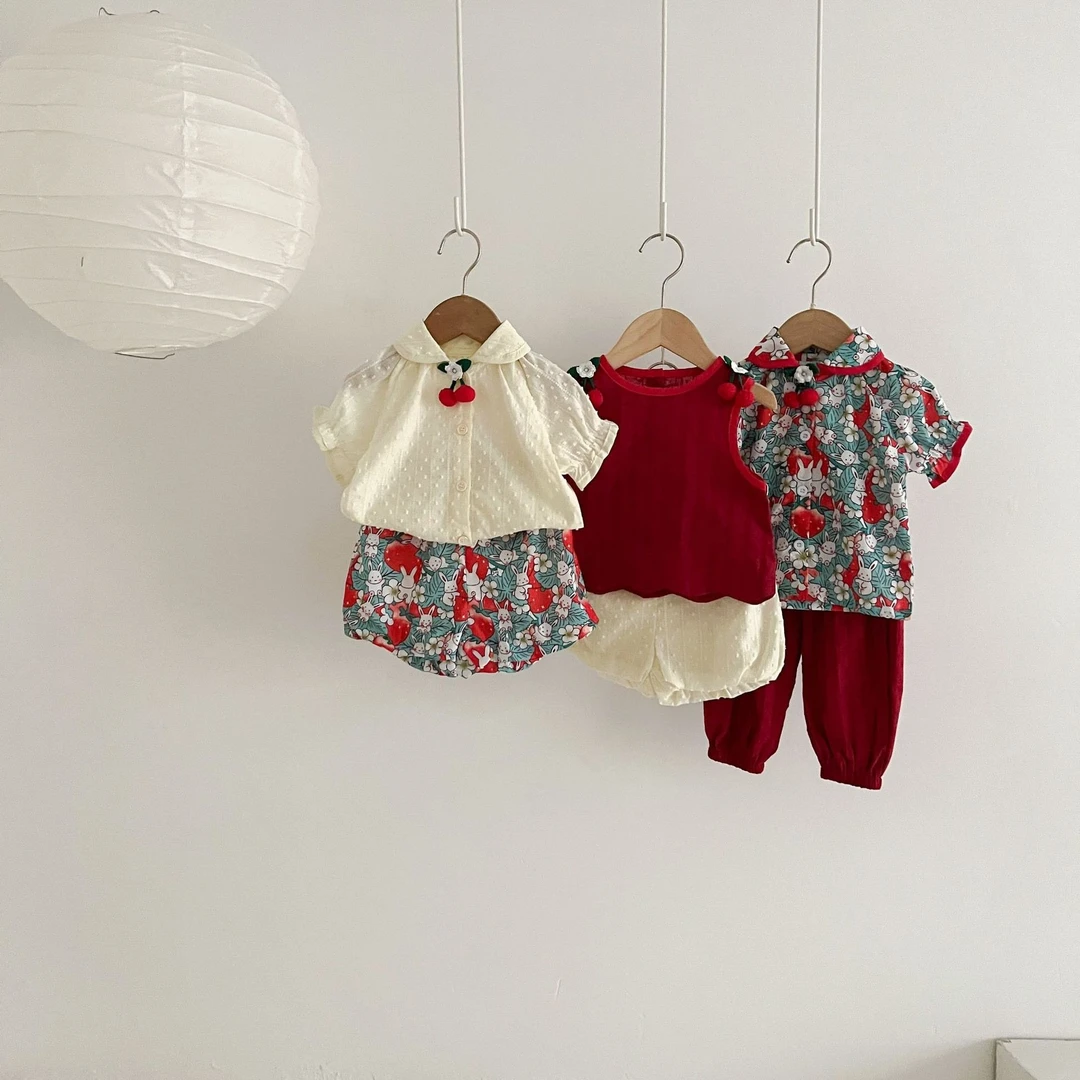 婴儿套装夏季韩版娃娃衫可爱立体樱桃背心女宝短袖上衣薄款裤洋气
