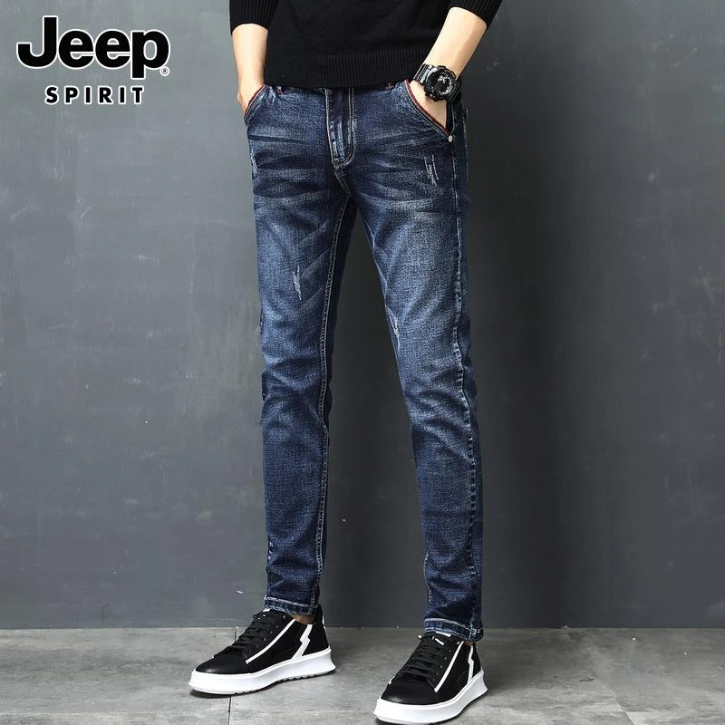 Jeep吉普男士牛仔裤冬季加绒保暖弹力修身小脚潮牌休闲长裤子男款