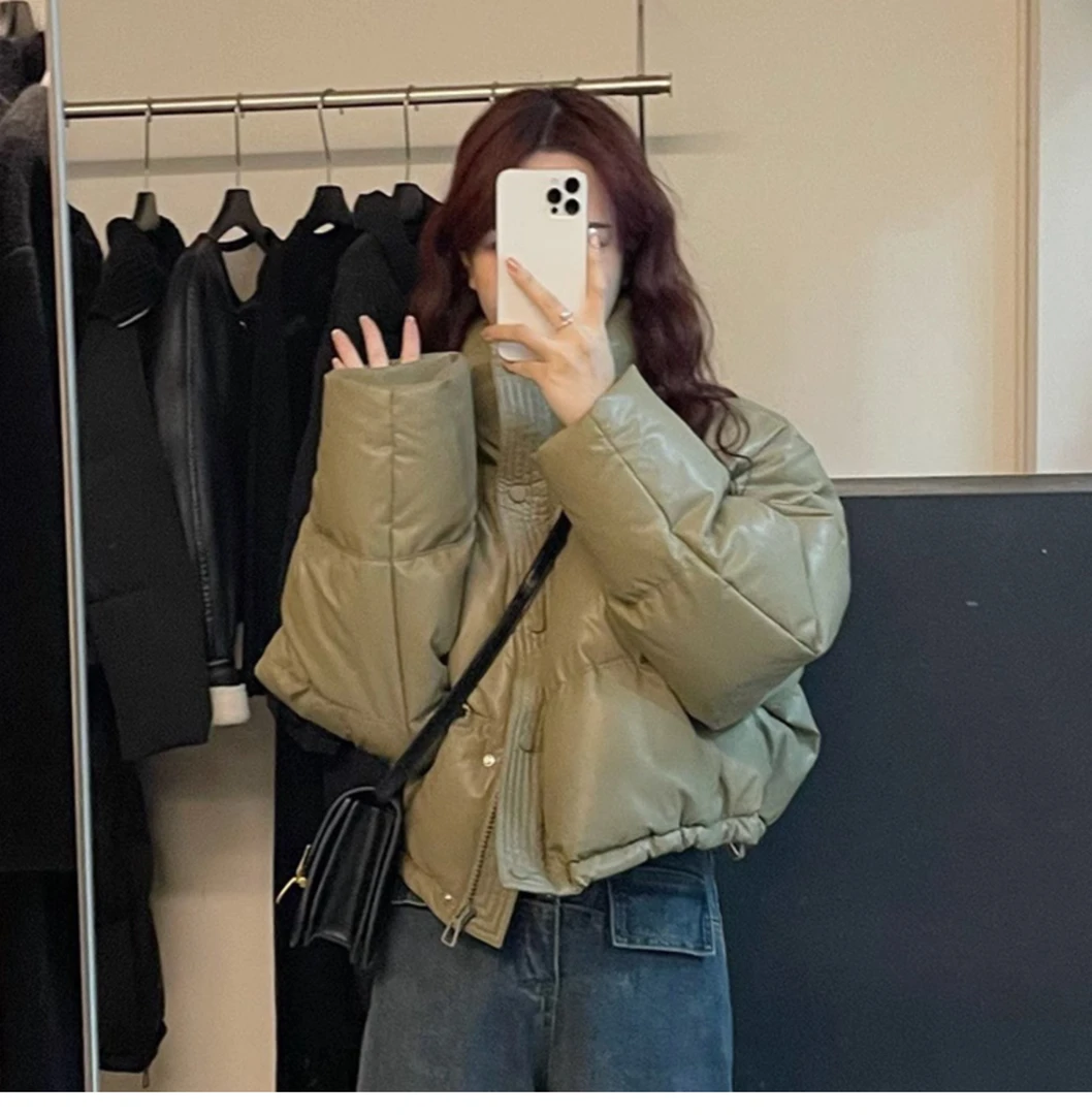 pu皮羽绒服女短款2024新款冬季加厚立领面包服小个子肯豆外套