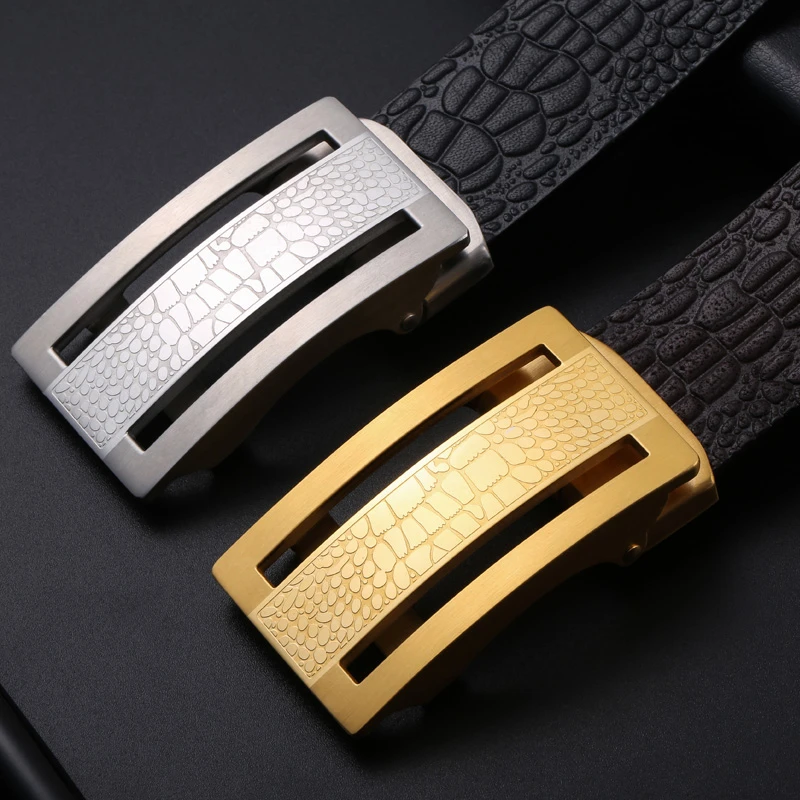 鳄鱼纹男士腰带不锈钢自动扣头层牛皮商务裤带皮带男真皮简约百搭