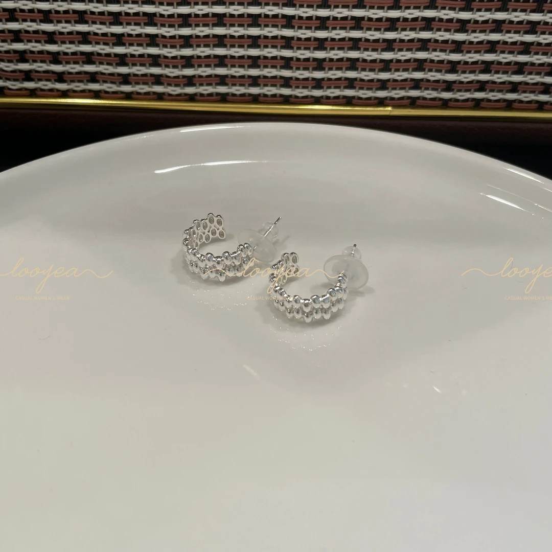 合金耳饰 【豆子】碎银子C形双层设计耳环耳饰 0320