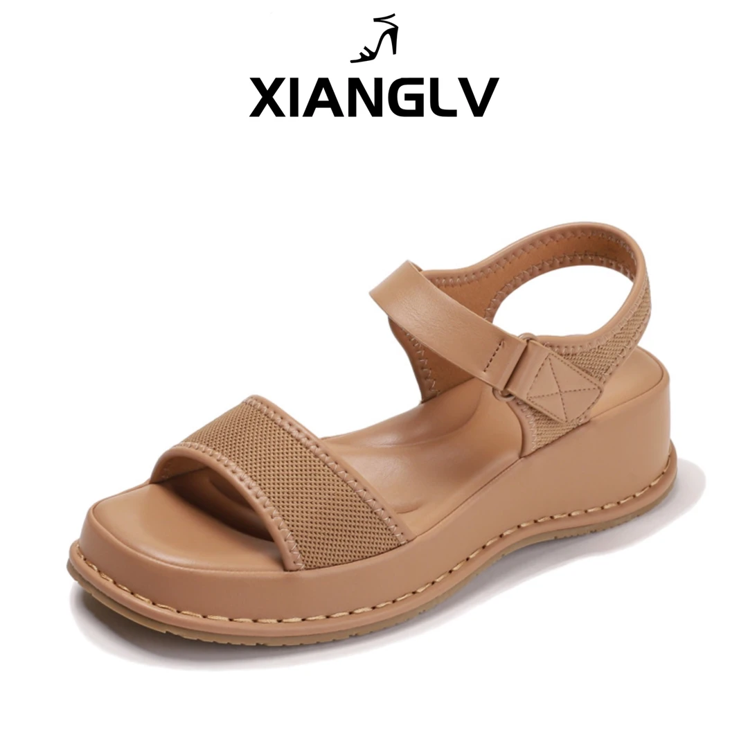 XIANGLV坡跟厚底凉鞋女士夏季一字带魔术贴露趾时尚休闲罗马鞋女