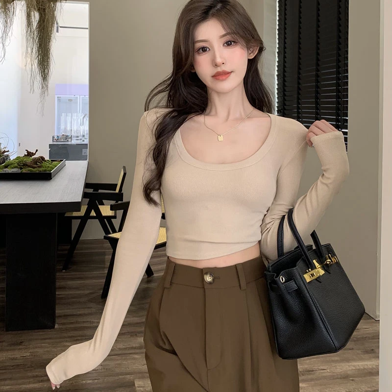 秋冬季辣妹U领修身弹力螺纹棉上衣短款长袖T恤性感露脐低领打底衫