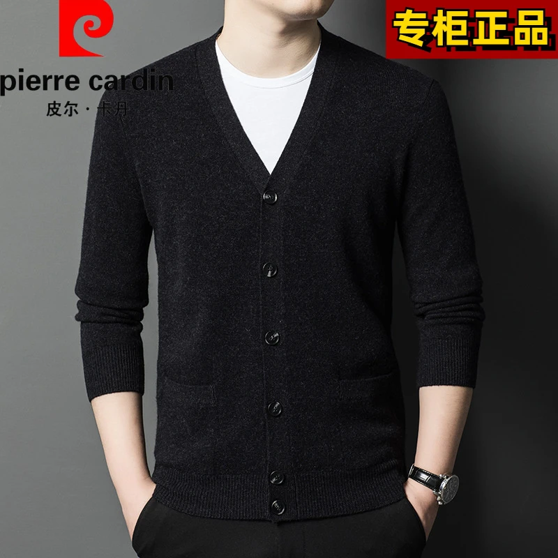 皮尔卡丹男士2024春秋季纯色V领全羊毛毛衣男士休闲百搭针织衫加