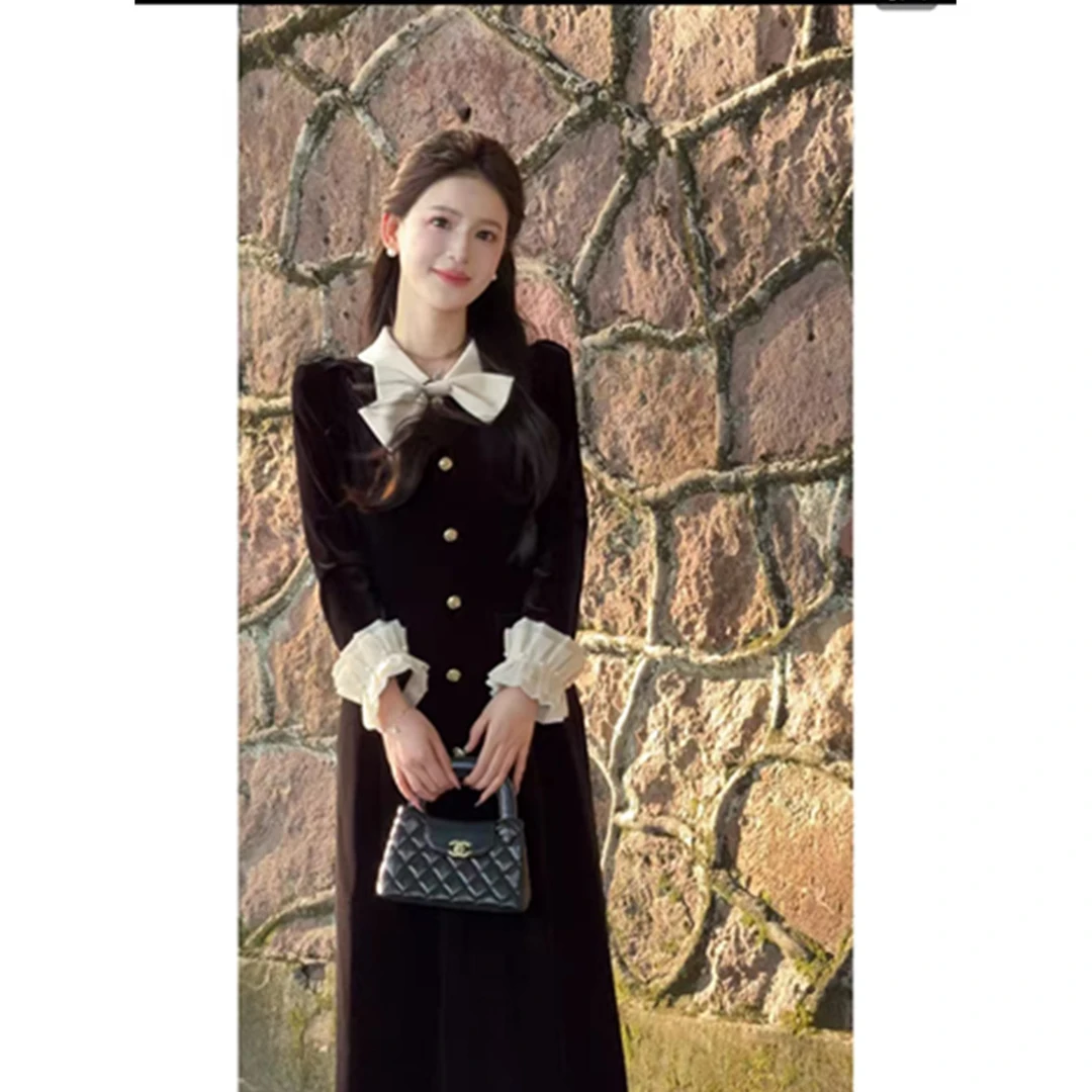 李李家定制泡芙少女法式复古千金风长裙2024秋显贵丝绒连衣裙