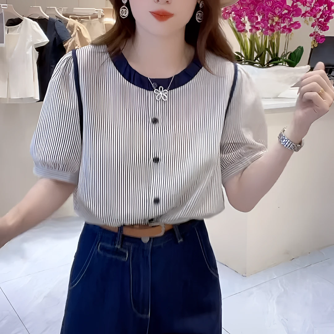 【冰姐专属】夏季圆领短袖小香风衬衫女设计小众时尚百搭气质839
