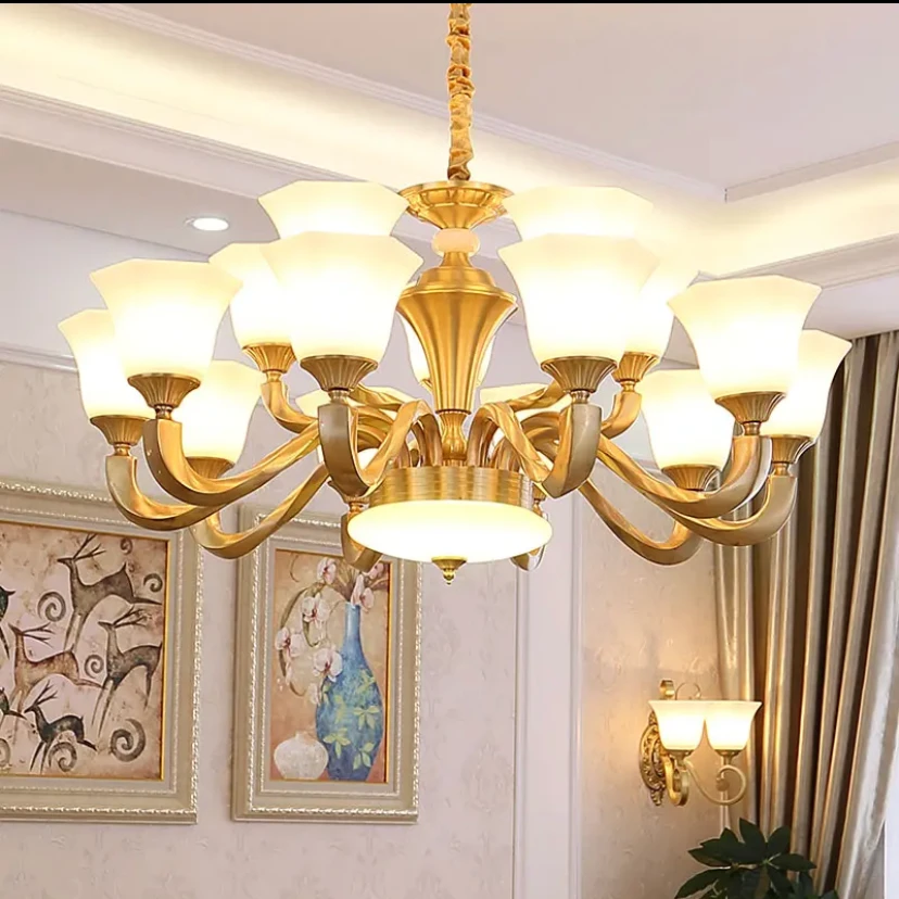 全铜美式吊灯客厅灯别墅大气奢华欧式餐厅卧室灯创意复古玉石灯具