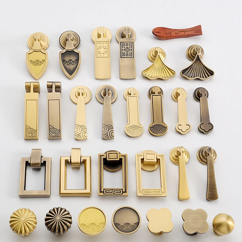 中式抽屉拉手新中式单孔吊环吊坠柜子门把手黄铜柜门衣柜橱柜拉手