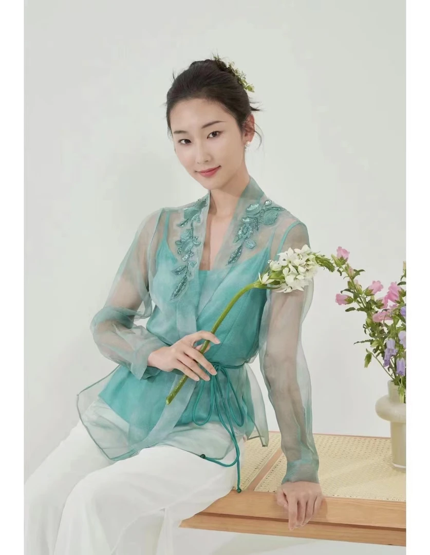 连衣裙女装上衣绿色夏季古风中国风仙气39-149