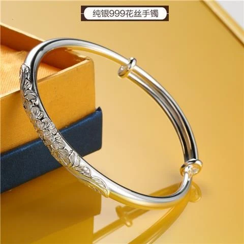 足银手镯 999纯银花丝实心银镯女推拉银镯子简约百搭送女友送闺蜜