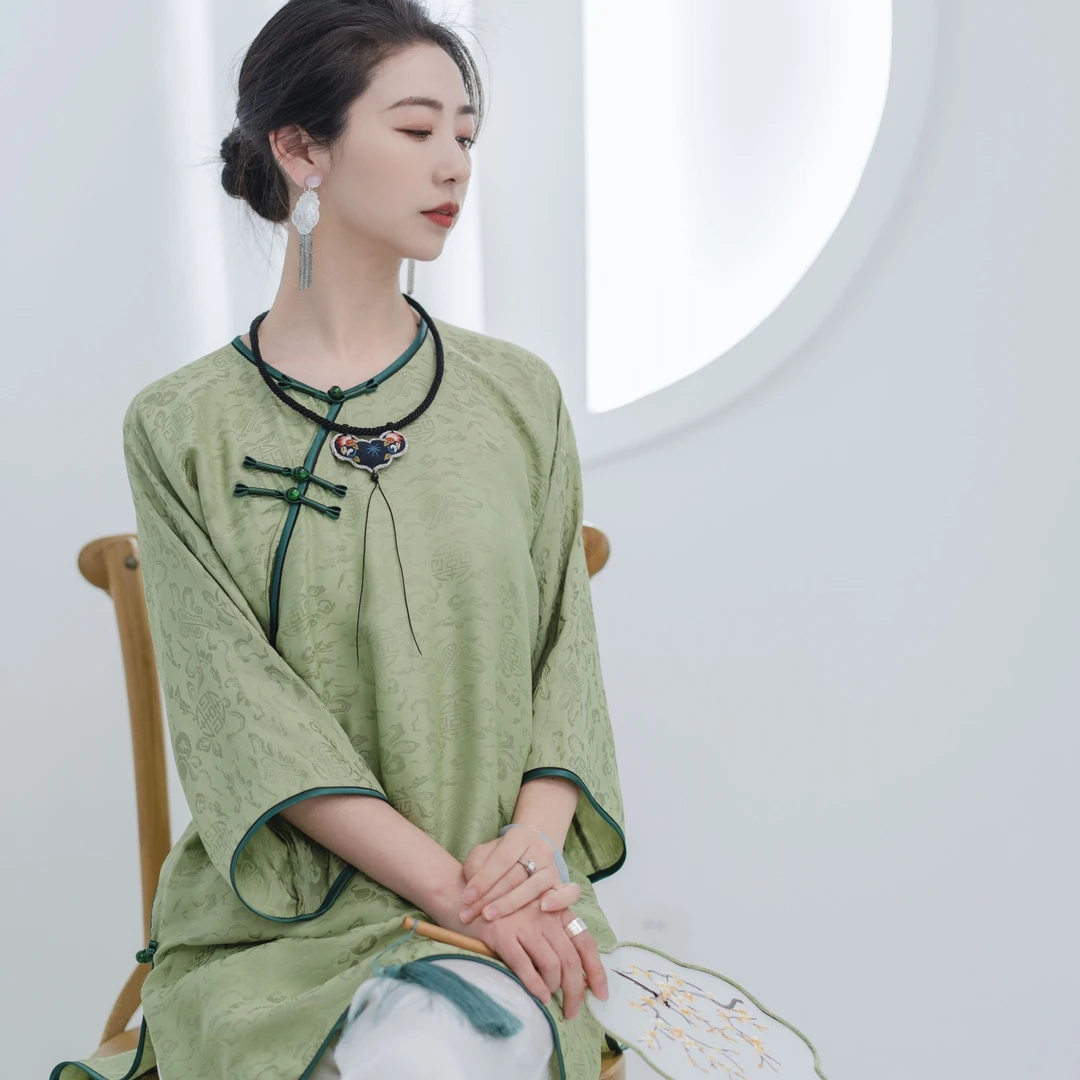 中式复古提花手工盘扣宽松倒大袖上衣三色春夏禅意九分袖斜襟禅服