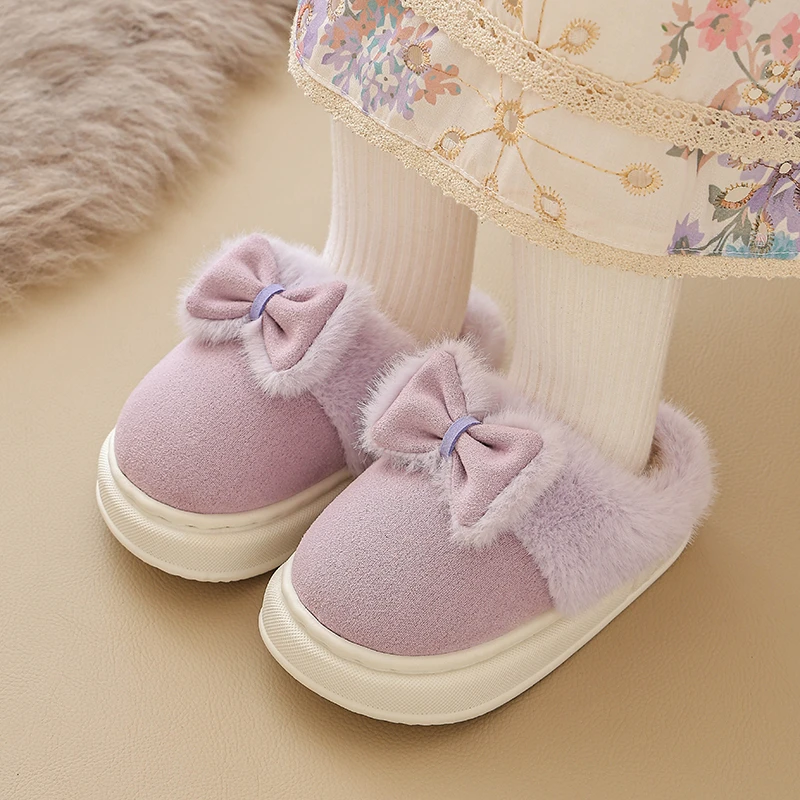 冬季新款儿童棉拖鞋女童保暖加绒宝宝居家防滑厚底蝴蝶结亲子棉鞋