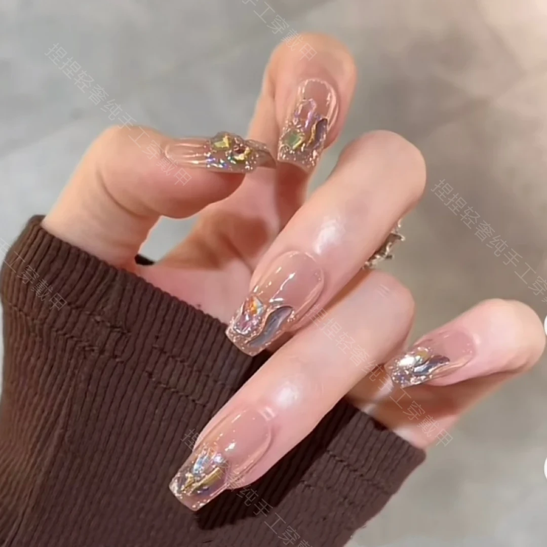 【美拉德钻】纯手工穿戴甲碎钻棕色系爆闪日常可重复使用捏捏穿戴甲