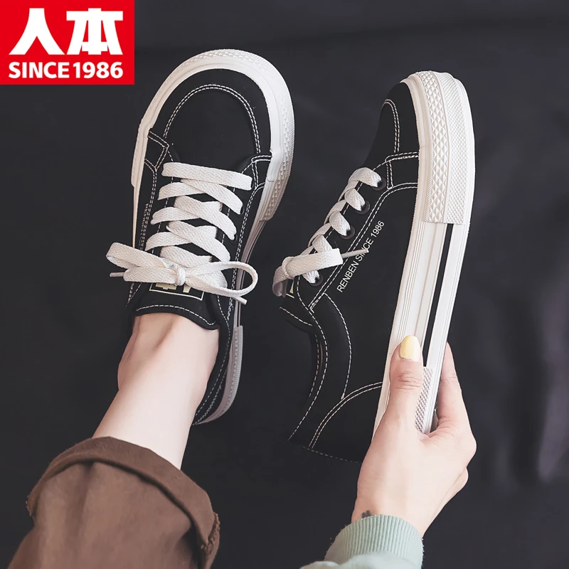 人本帆布鞋女新款大码女鞋41一43透气42休闲潮百搭ins芒果头板鞋