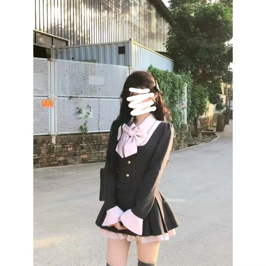 【三件套】秋季学院风拼接设计感长袖连衣裙显瘦jk黑色学生百褶裙JK