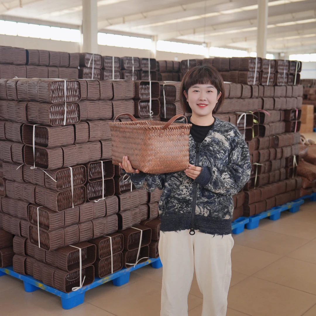 041 【出口原版】纯手工编织收纳筐PU把手复古简约杂物收纳