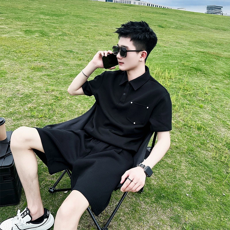 休闲短袖POLO衫套装男士翻领T恤搭配五分短裤2026男装一套痞帅ins