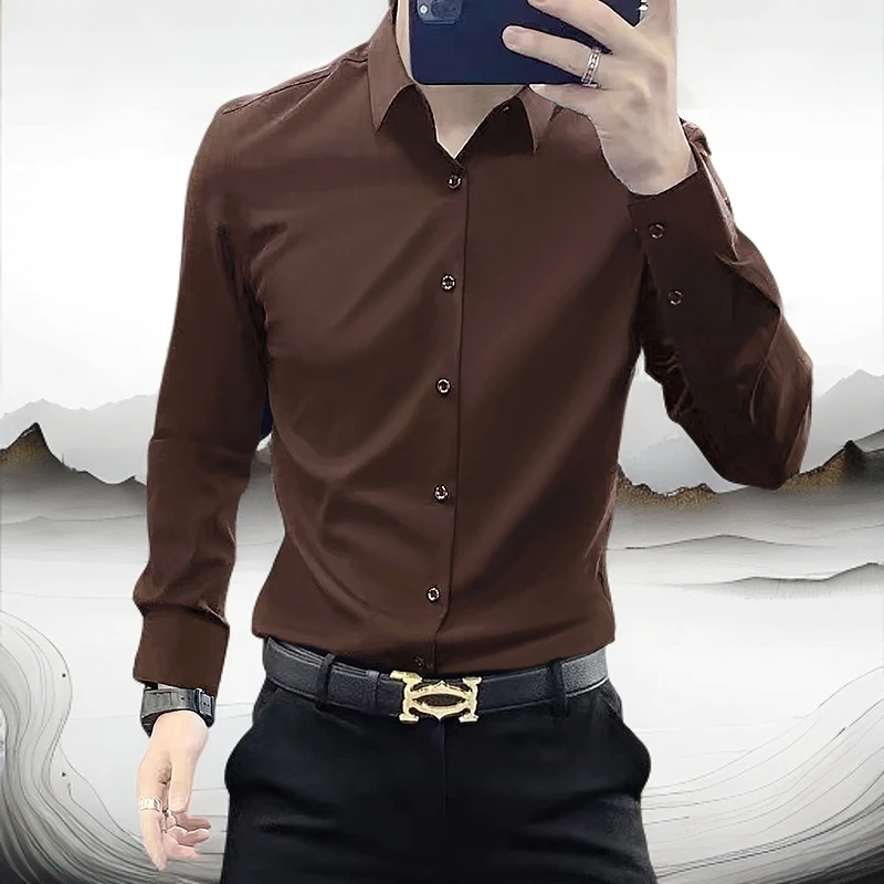高端轻奢修身商务衬衫春秋爆款潮流痞帅长袖衬衣免烫垂感纯色寸衫