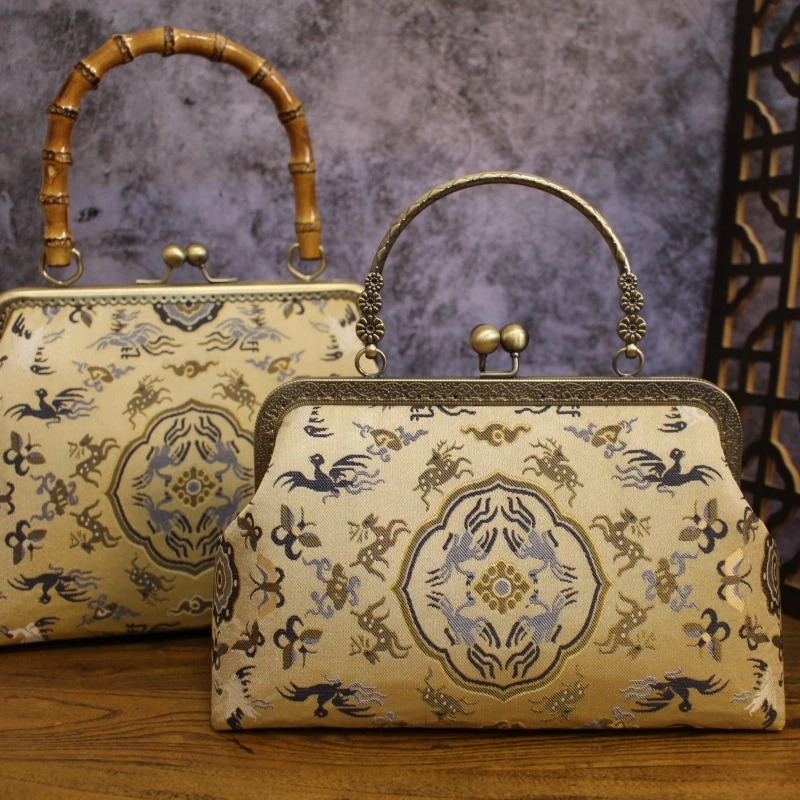 时尚手拎包复古织锦缎鹤鹿同春竹节手提包大气斜挎包旗袍包汉服包