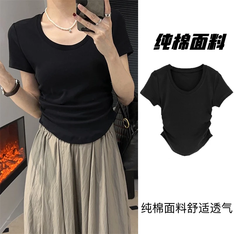 甜辣妹夏季新款设计感U领短袖t恤女褶皱修身显瘦内搭纯色短款上衣