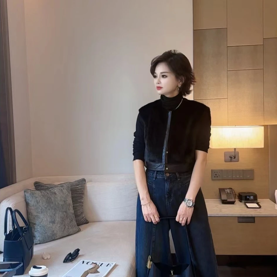 ZM冬款圆领拼绵羊皮气质显瘦短款水貂毛马夹（86021）