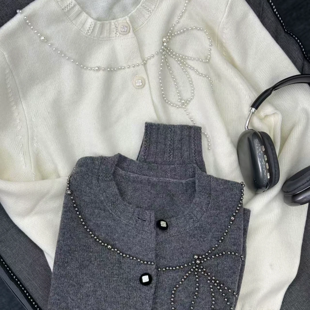 ZM24年冬季新款韩系甜美珍珠烫钻蝴蝶结针织毛衣开衫