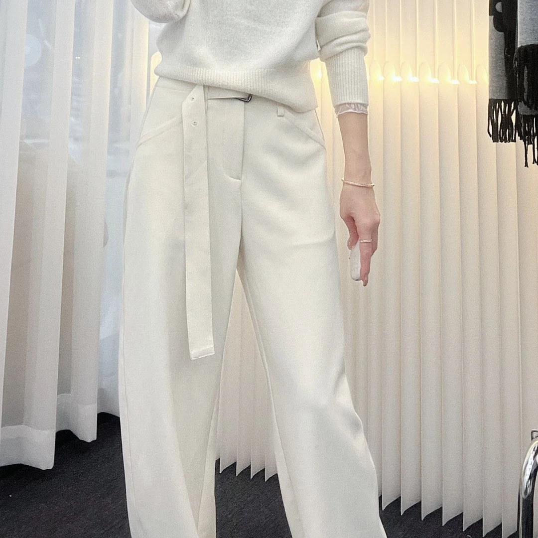 ZM2024冬季新款厚面料腰带设计羊毛阔腿长西裤显瘦高腰(86068)