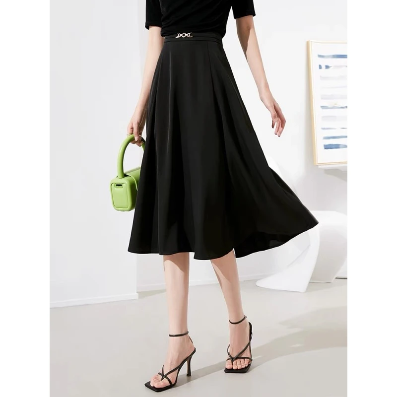 595夏季新品时尚高腰修身纯色百搭新款中长款A字半身裙裙子黑色