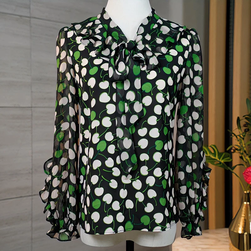 914碎花衬衫中年女士长袖夏秋季新款洋气小衫减龄荷叶边雪纺2322