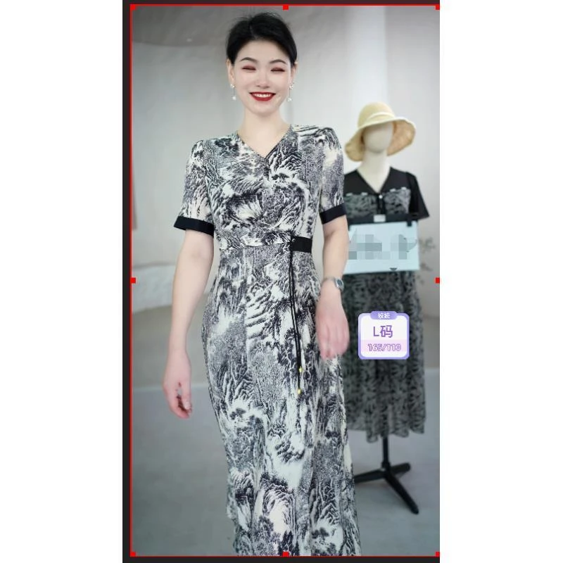 [875]新款水墨画风格气质休闲显瘦新中式女士碎花连衣裙