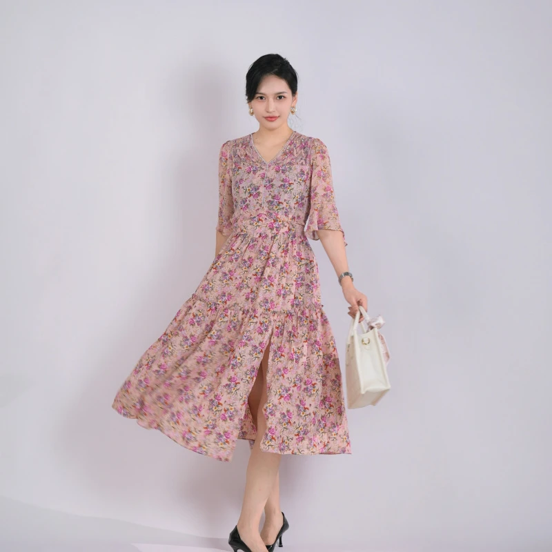 472时尚百搭休闲潮流韩版收腰气质显瘦印花中长款夏季连衣裙23112