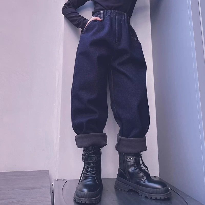 冷大娘定制 秋冬男女儿童加绒牛仔裤宽松校服长裤子潮裤亲子