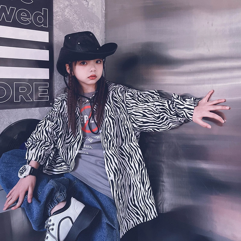 冷大娘定制 男女儿童纯棉斑马纹衬衫街舞演出表演服薄款亲子款