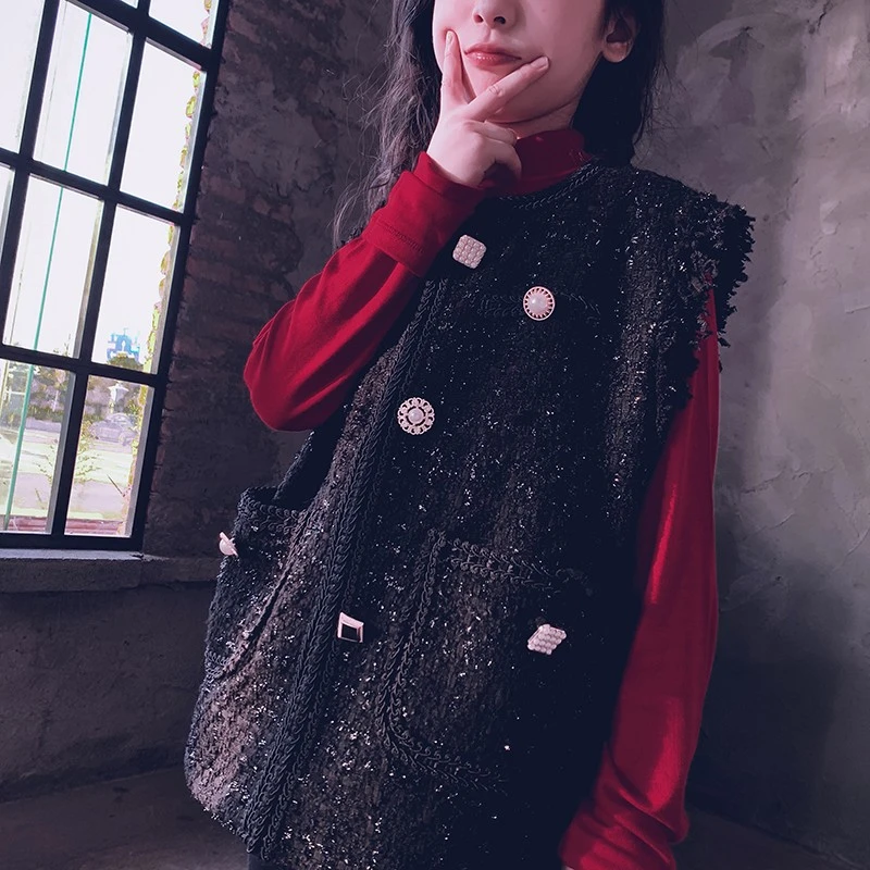 冷大娘定制 秋冬新款女童小香风马甲复古百搭粗花呢上衣背心亲子