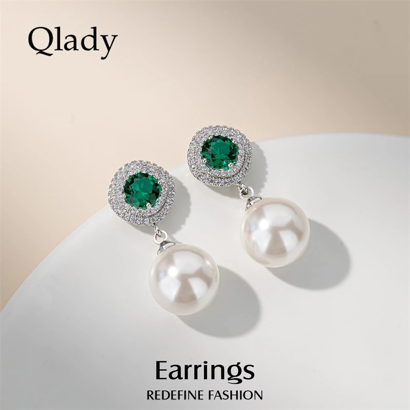 合金耳饰 复古绿锆仿珍珠耳钉2025年新款银耳环女设计感小众耳饰