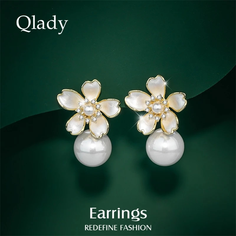 合金耳饰 气质仿珍珠耳环花朵925银针耳饰女小众设计感耳坠高级感