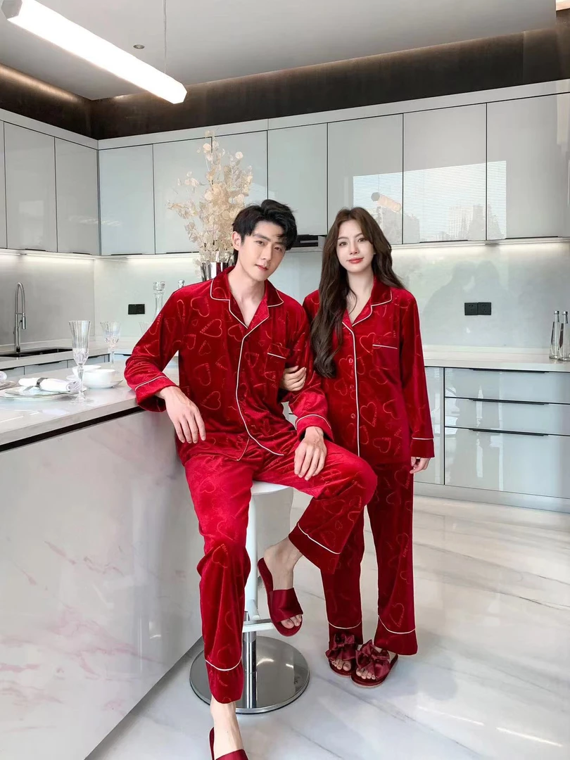 高级感金丝绒结婚睡衣女秋冬新娘喜结良缘爱心保暖情侣家居服秋季