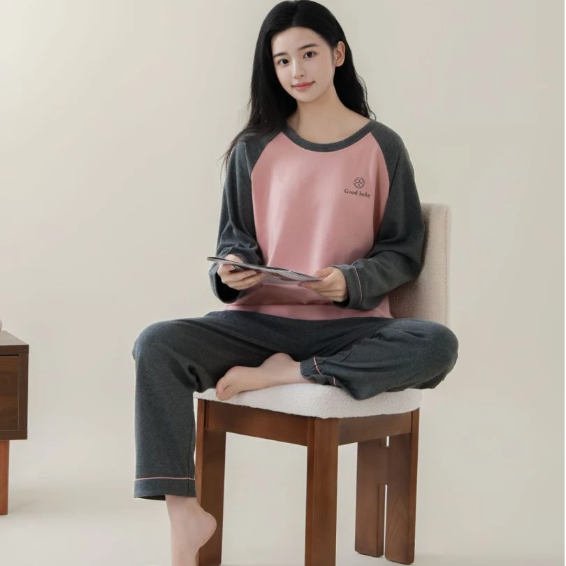 秋冬季女士插肩袖圆领套头长袖长裤家居服睡衣女套装时尚休闲韩版