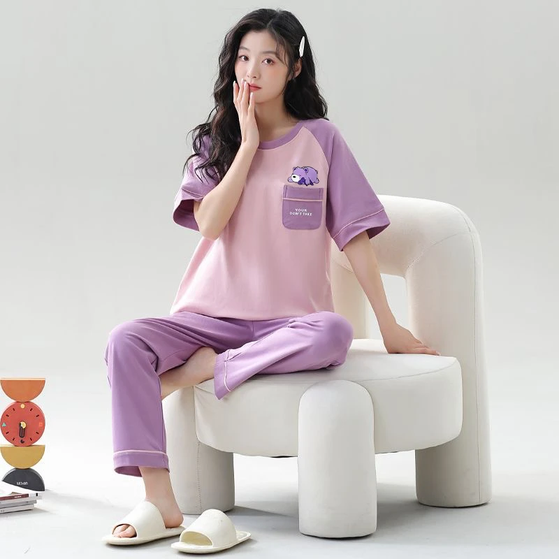 3件套（赠短裤）夏季带胸垫短袖长裤圆领套头家居服睡衣女套装休闲