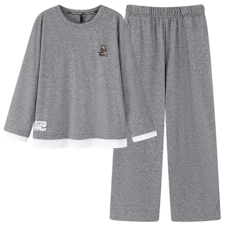 （石墨烯德绒）秋冬季女士花灰色圆领套头长袖长裤家居服睡衣女套装